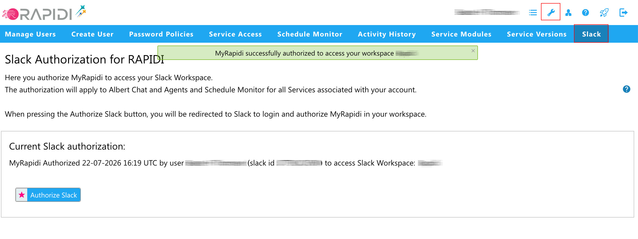 Rapidi Slack integration feedback screen